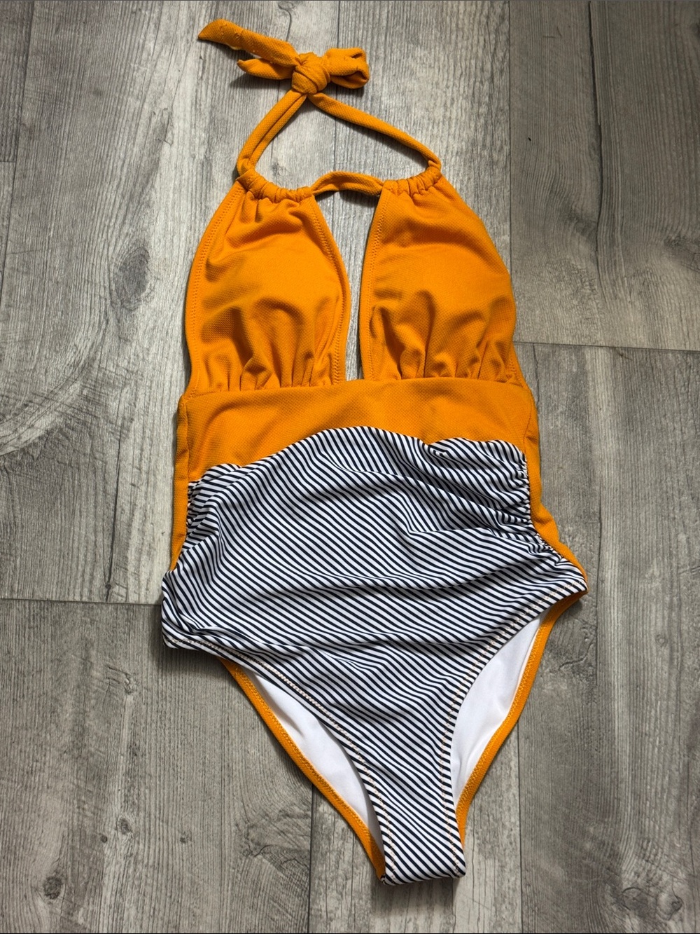 Cupshe Girls' Halter One-Piece Swimsuit in Mustard Yellow and Navy Stripe